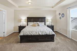 Bedroom with a raised ceiling and light colored carpet
