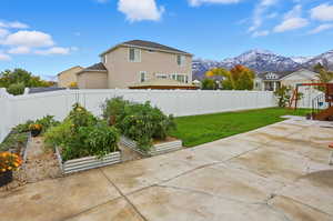 Fenced backyard with a patio, a mountain view, and a vegetable garden
