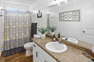 Full bathroom featuring dark wood-style floors and vanity