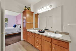 Bathroom featuring double vanity, light colored carpet, and connected bathroom