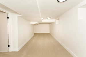 Finished basement featuring a textured ceiling and light carpet