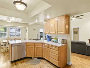 Kitchen with stainless steel dishwasher, ornamental molding, light wood flooring, a peninsula for a breakfast bar