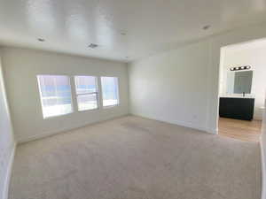 Empty room featuring light colored carpet and a textured ceiling