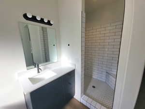 Bathroom featuring vanity and a stall shower