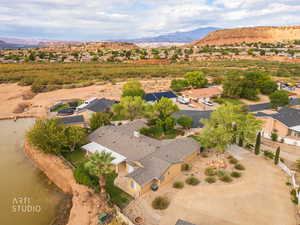 Aerial view of residential area with a mountainous background
