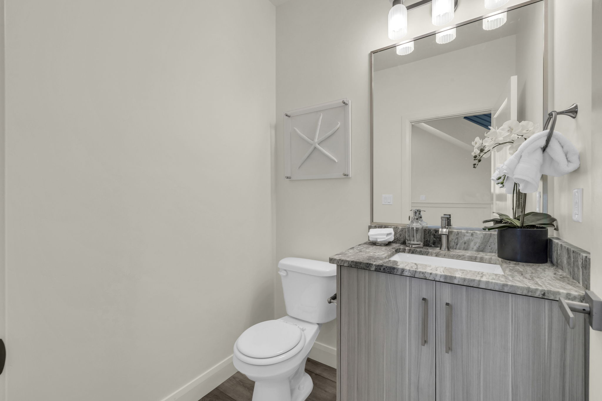 Bathroom featuring vanity and dark wood-type flooring