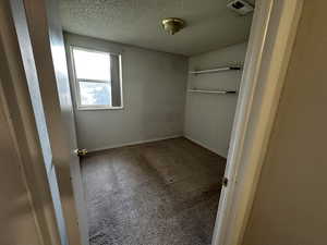 Comfortable second bedroom featuring carpet flooring, natural light, and a textured ceiling.