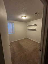 Secondary bedroom with fresh paint, ceiling fan, closet space, and neutral carpet.