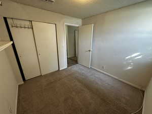 Bright second bedroom with carpet floors, a textured ceiling, and space for a full-size bed or desk.