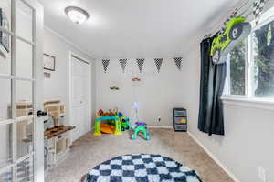 Game room featuring carpet flooring and baseboards