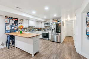 Kitchen with open shelves, stainless steel appliances, white cabinetry, a kitchen bar, and decorative backsplash