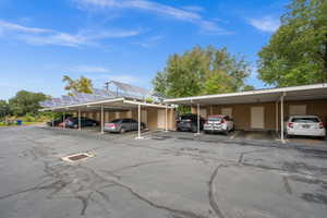 Carport, storage closet and community solar panels
