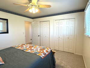Bedroom with TWO double-wide closets, new carpet, ceiling fan, and crown molding