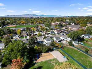 Aerial view of residential area with mountains