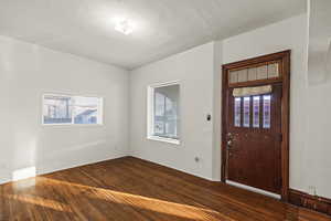 Foyer entrance featuring dark wood-style floors and plenty of natural light