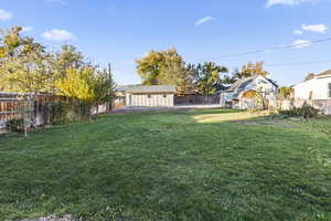 Fenced backyard featuring an outbuilding