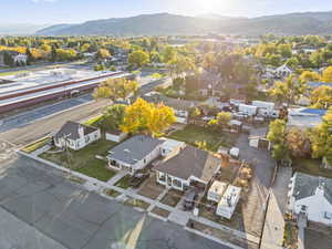 Aerial view of residential area with a mountain backdrop