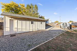 Fenced backyard featuring a shed