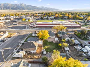 Aerial view of residential area with a mountain backdrop