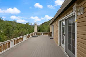 The Trex deck runs the length of the home and eastern light spills in through the two sets of French doors.