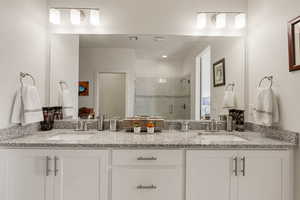 Full bath with double vanity and a stall shower