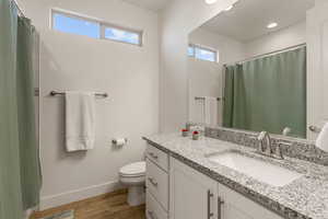Full bathroom featuring vanity, a shower with shower curtain, and light wood-type flooring