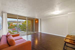 Living room featuring expansive windows, a textured ceiling, and dark wood-style flooring