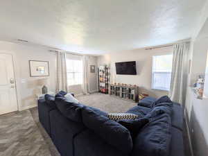 Carpeted living room featuring a textured ceiling and plenty of natural light