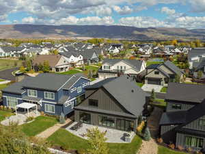 Aerial view of residential area with mountains