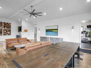 Living area featuring wood finished floors, recessed lighting, wooden ceiling, and ceiling fan
