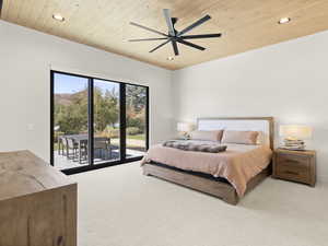 Bedroom with light colored carpet, recessed lighting, access to outside, a ceiling fan, and wood ceiling