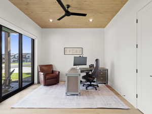 Office area featuring recessed lighting, wood ceiling, light wood-style flooring, and a ceiling fan