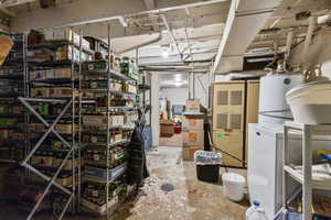 Storage room with washer / clothes dryer and water heater