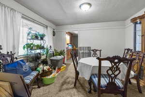 Dining area with carpet and a textured ceiling