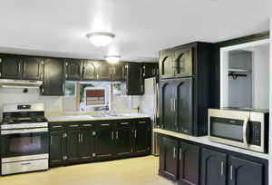 Kitchen with stainless steel appliances, light wood-type flooring, light countertops, under cabinet range hood, and dark cabinets