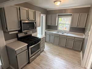 Kitchen with gray cabinets, light countertops, and crown molding