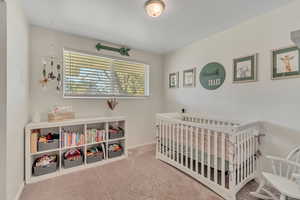 Bedroom featuring a crib and light carpet