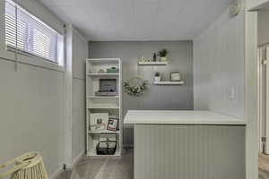Bathroom featuring light colored carpet and wood walls