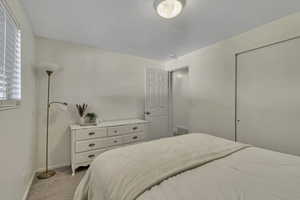 Bedroom featuring light colored carpet and baseboards