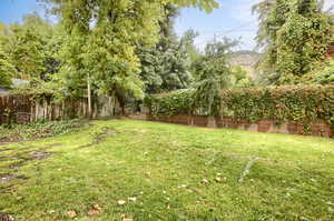 Fenced backyard with a mountain view