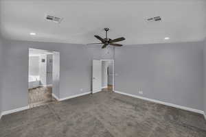 Unfurnished bedroom with carpet floors, recessed lighting, and a ceiling fan