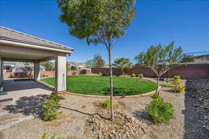 Fenced backyard with a patio