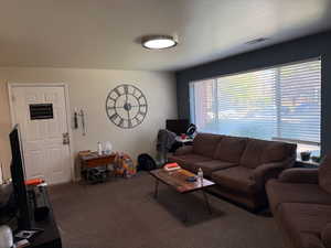 Living room featuring dark colored carpet