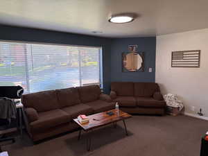 Carpeted living area with baseboards