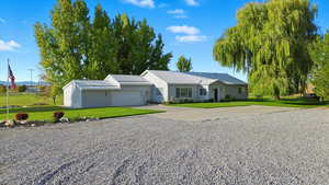 Ranch-style house featuring concrete driveway, a front yard, and an attached garage