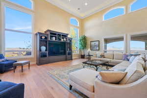 Living room featuring ornamental molding, a towering ceiling, and light wood-type flooring