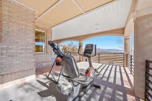 View of patio featuring a mountain view