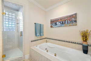 Full bathroom with a jetted tub, ornamental molding, a shower stall, and tile patterned floors