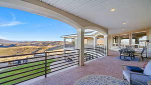 View of patio featuring a mountain view