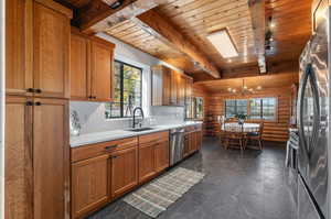 Kitchen with a wooden ceiling with exposed beams, brown cabinets, appliances with stainless steel finishes, tasteful backsplash, and a skylight